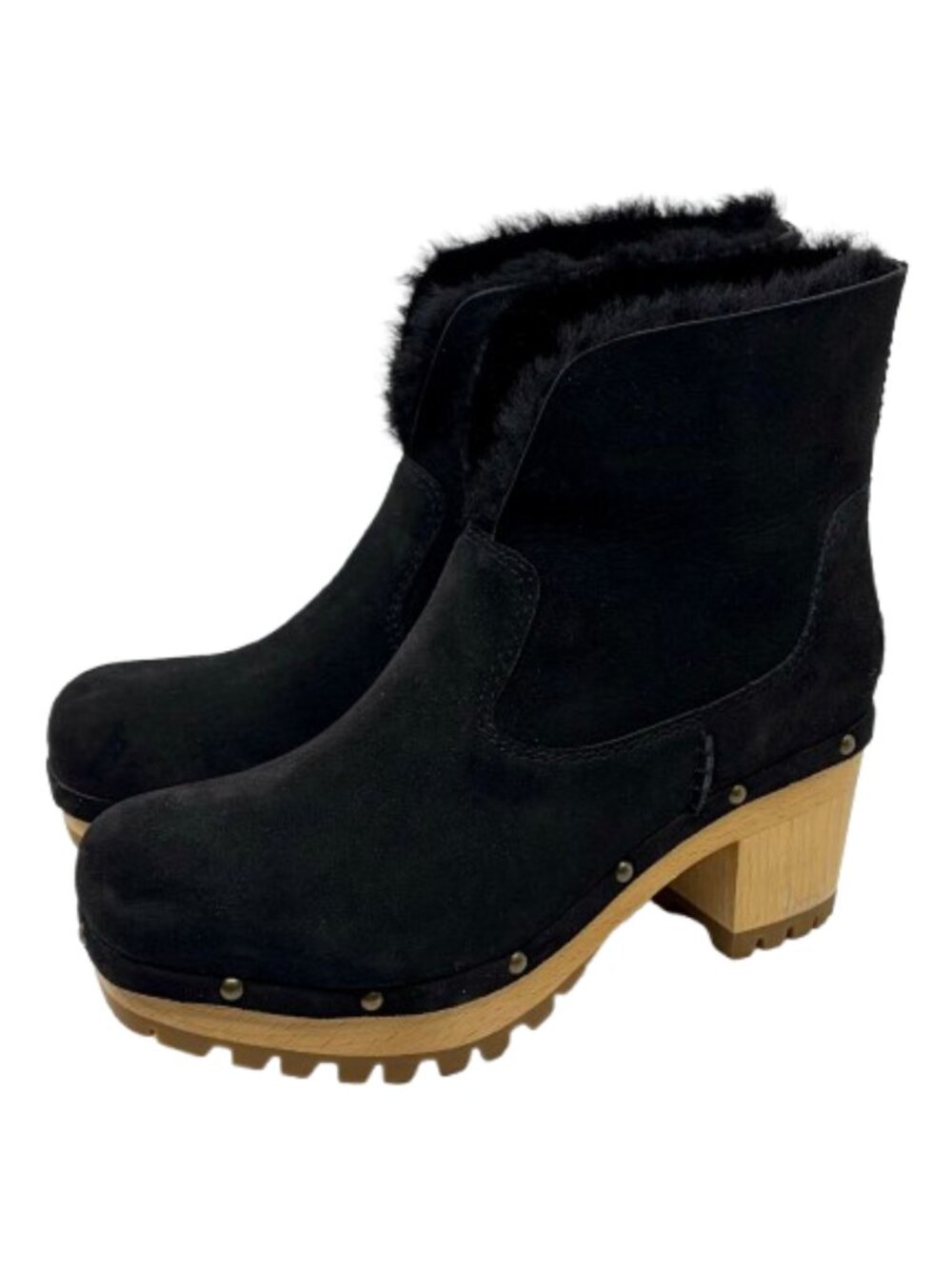 UGG~Thebes Black Boots~PLATFORM CLOG SHOES Black Suede Shearling Sz 8 NEW IN BOX